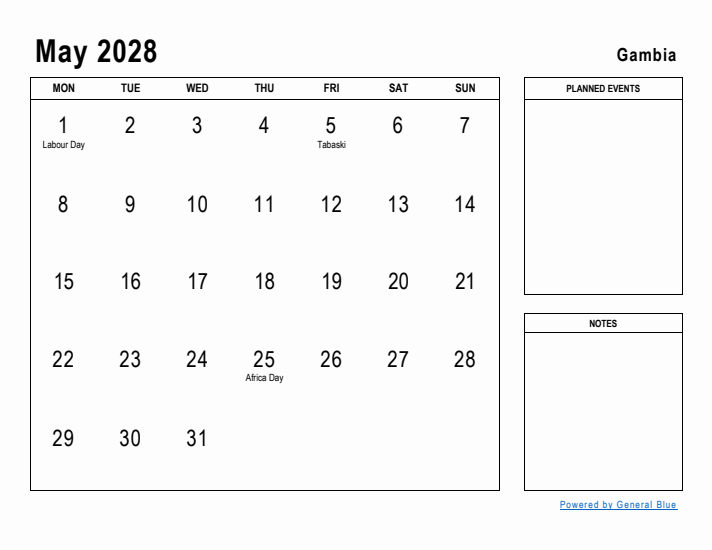 May 2028 Printable Monthly Calendar with Gambia Holidays