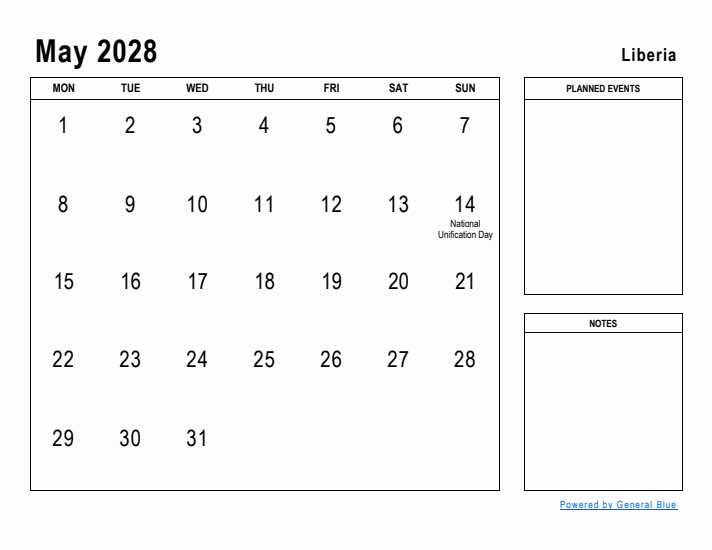 May 2028 Printable Monthly Calendar with Liberia Holidays