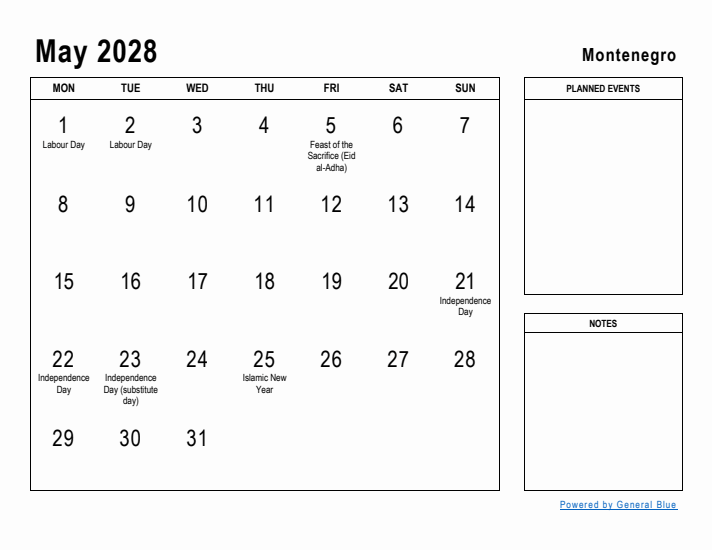 May 2028 Printable Monthly Calendar with Montenegro Holidays