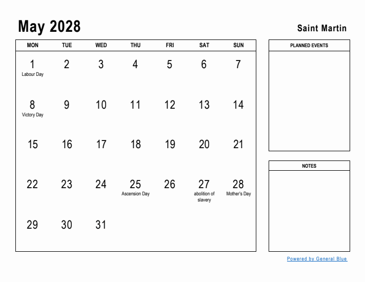 May 2028 Printable Monthly Calendar with Saint Martin Holidays