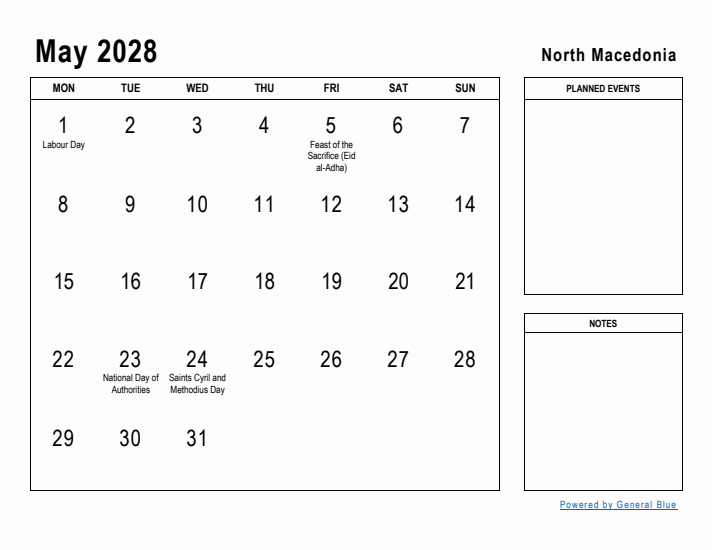 May 2028 Printable Monthly Calendar with North Macedonia Holidays
