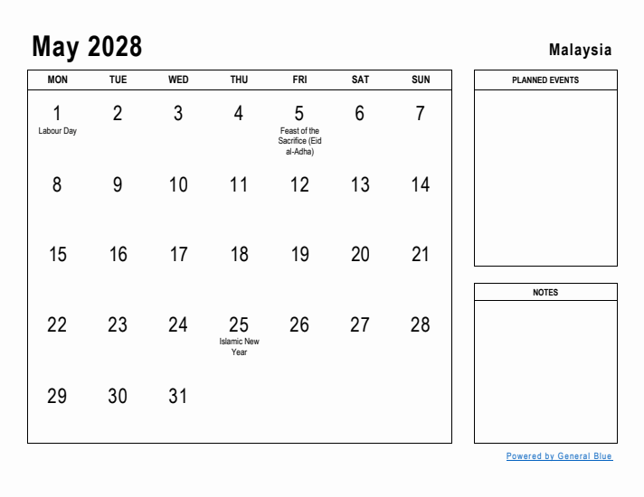 May 2028 Printable Monthly Calendar with Malaysia Holidays