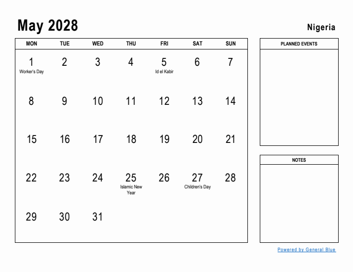 May 2028 Printable Monthly Calendar with Nigeria Holidays