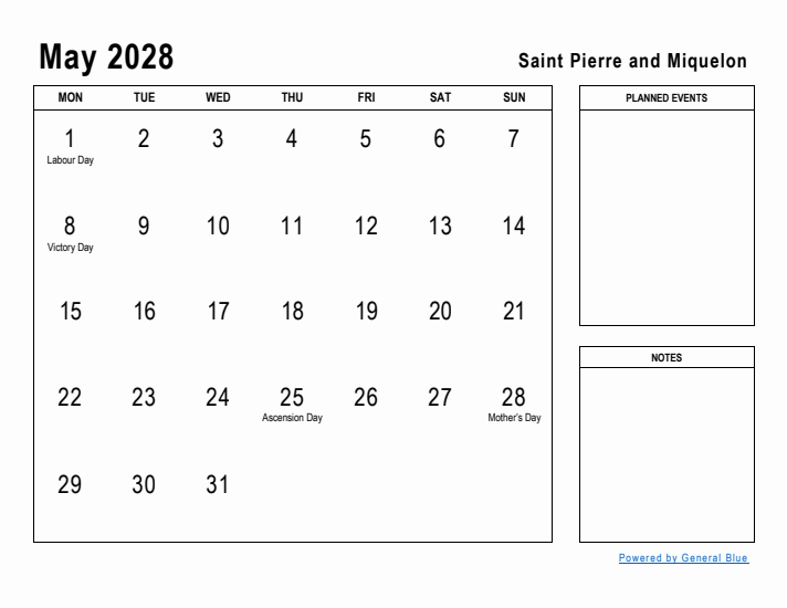 May 2028 Printable Monthly Calendar with Saint Pierre and Miquelon Holidays