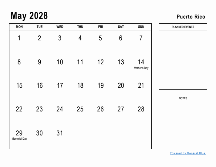 May 2028 Printable Monthly Calendar with Puerto Rico Holidays