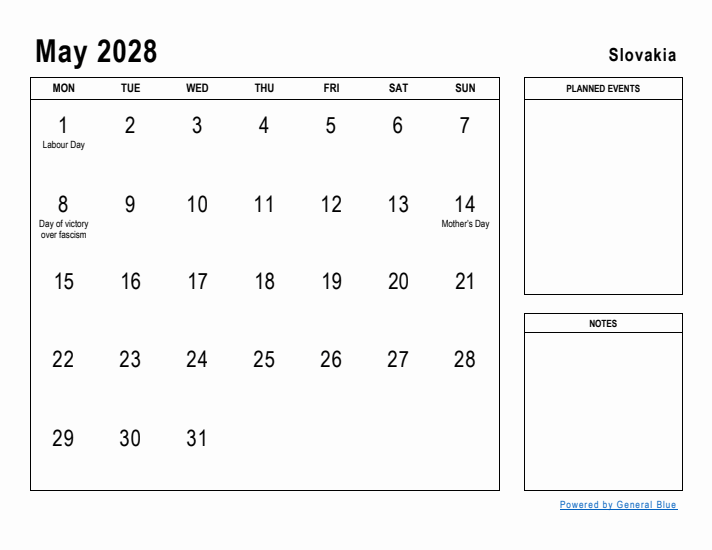 May 2028 Printable Monthly Calendar with Slovakia Holidays