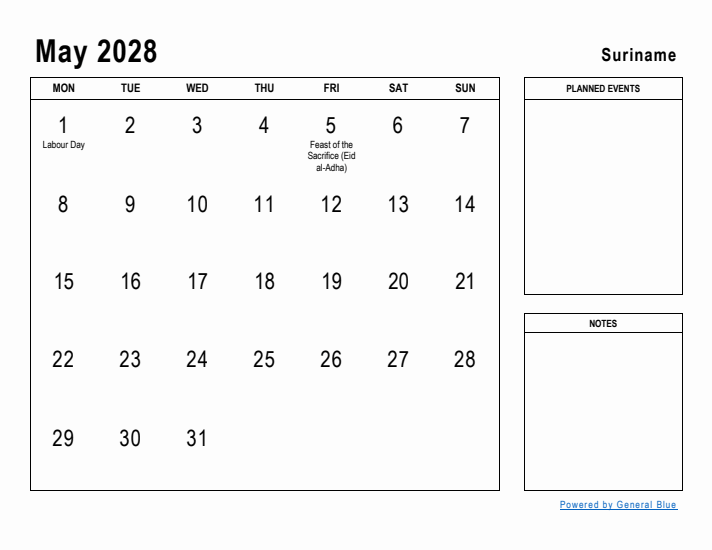 May 2028 Printable Monthly Calendar with Suriname Holidays