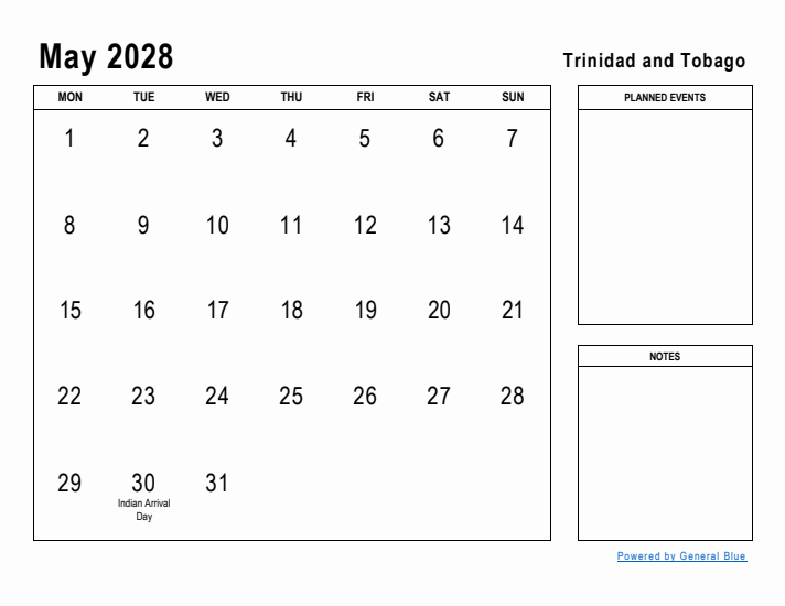 May 2028 Printable Monthly Calendar with Trinidad and Tobago Holidays