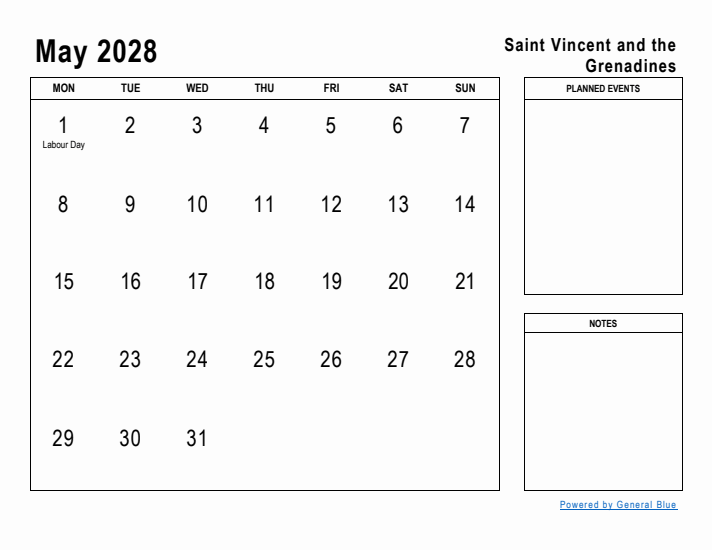 May 2028 Printable Monthly Calendar with Saint Vincent and the Grenadines Holidays