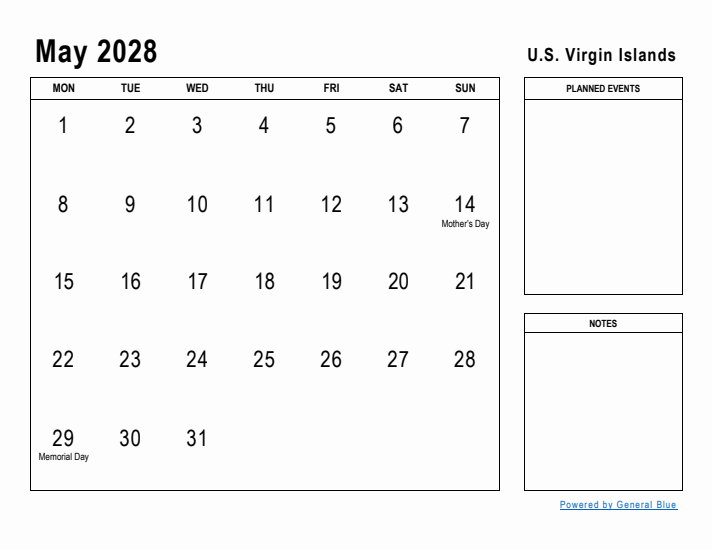 May 2028 Printable Monthly Calendar with U.S. Virgin Islands Holidays
