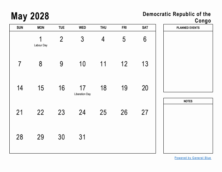 May 2028 Printable Monthly Calendar with Democratic Republic of the Congo Holidays
