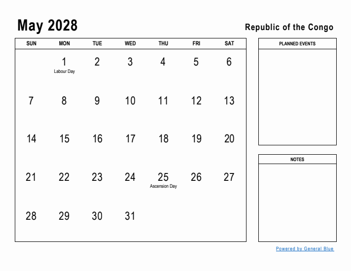 May 2028 Printable Monthly Calendar with Republic of the Congo Holidays