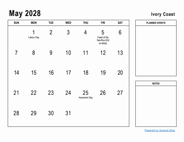 May 2028 Printable Monthly Calendar with Ivory Coast Holidays