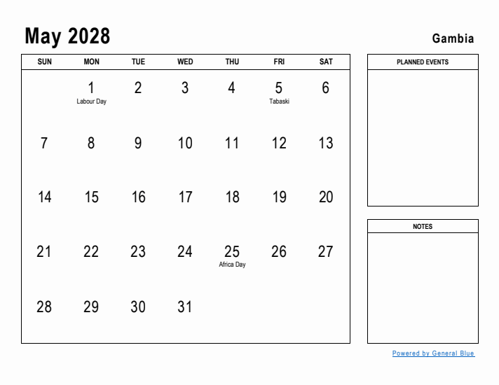 May 2028 Printable Monthly Calendar with Gambia Holidays