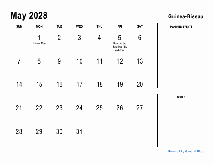 May 2028 Printable Monthly Calendar with Guinea-Bissau Holidays