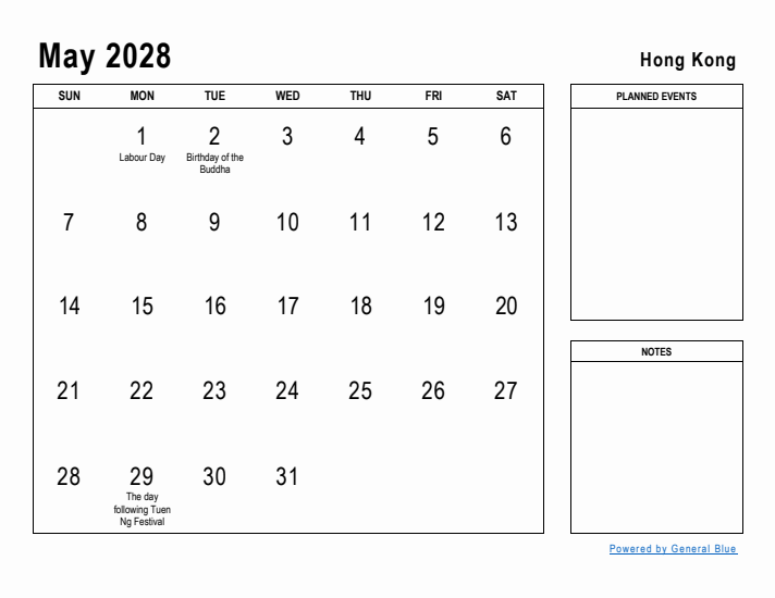 May 2028 Printable Monthly Calendar with Hong Kong Holidays