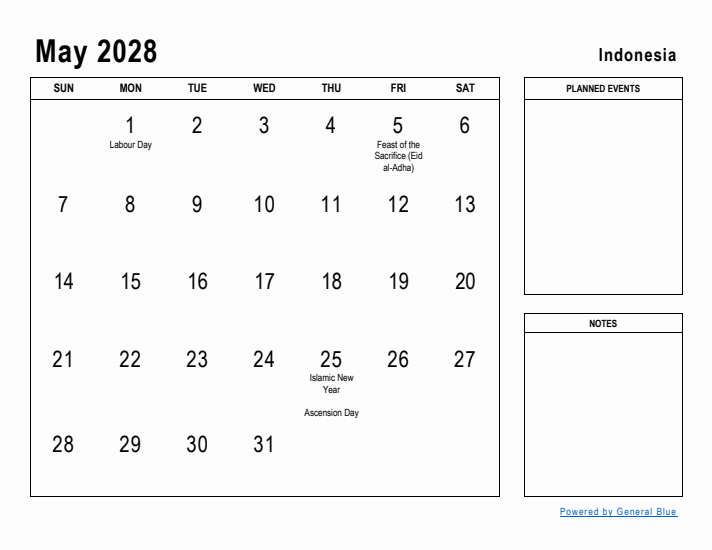May 2028 Printable Monthly Calendar with Indonesia Holidays