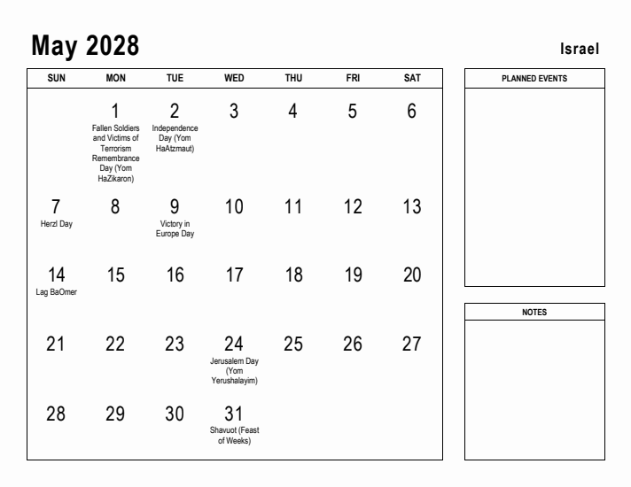 May 2028 Printable Monthly Calendar with Israel Holidays