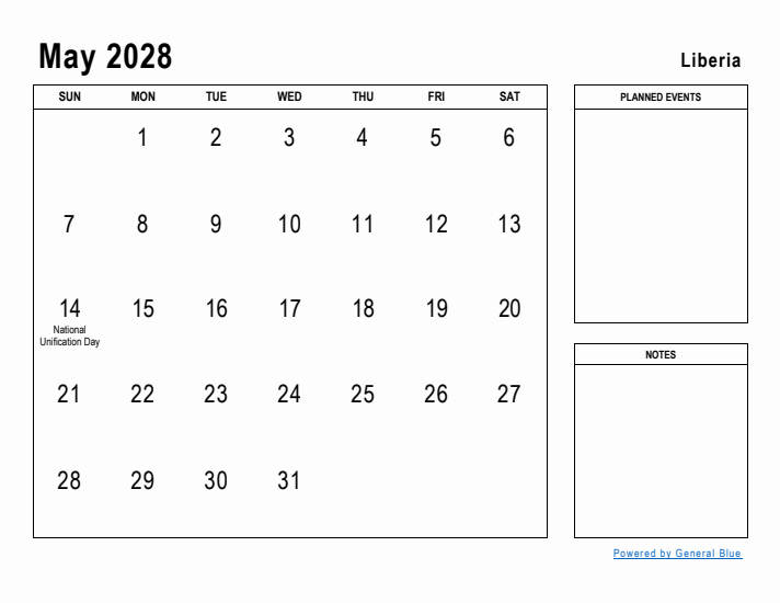 May 2028 Printable Monthly Calendar with Liberia Holidays