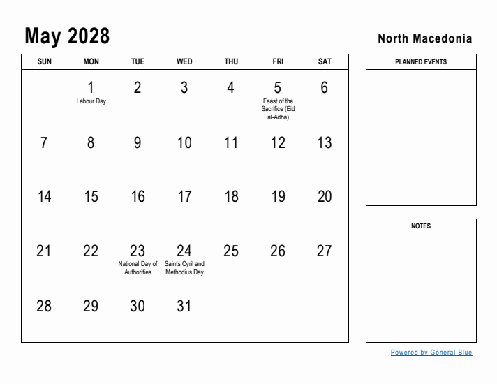 May 2028 Printable Monthly Calendar with North Macedonia Holidays