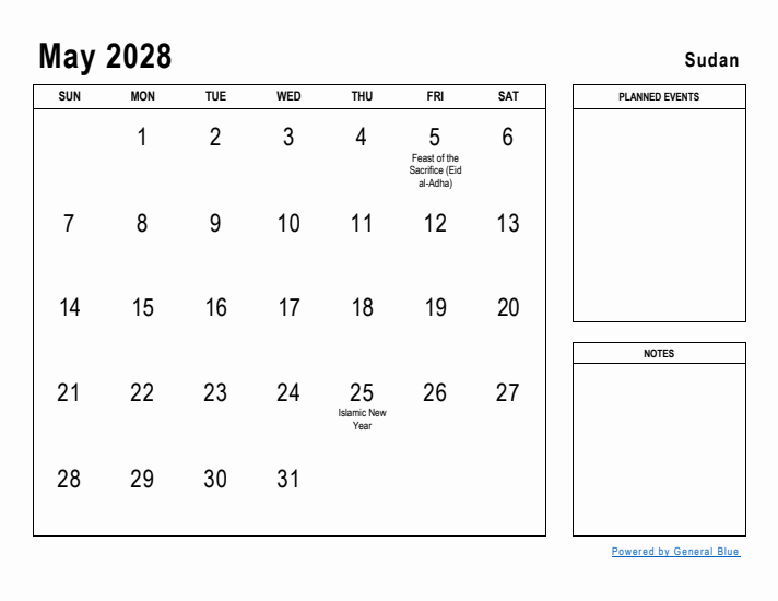 May 2028 Printable Monthly Calendar with Sudan Holidays