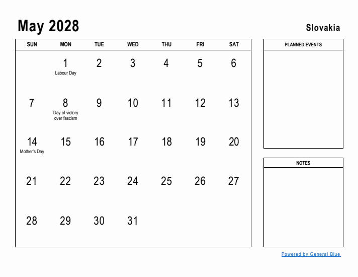 May 2028 Printable Monthly Calendar with Slovakia Holidays
