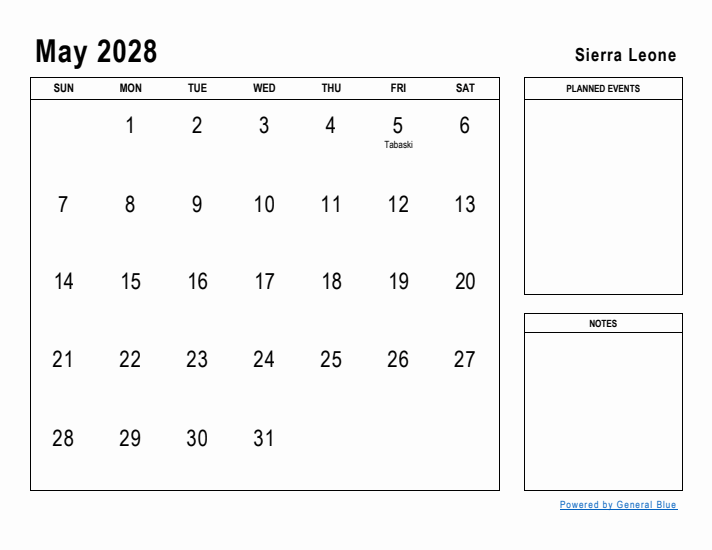 May 2028 Printable Monthly Calendar with Sierra Leone Holidays