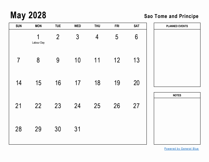 May 2028 Printable Monthly Calendar with Sao Tome and Principe Holidays