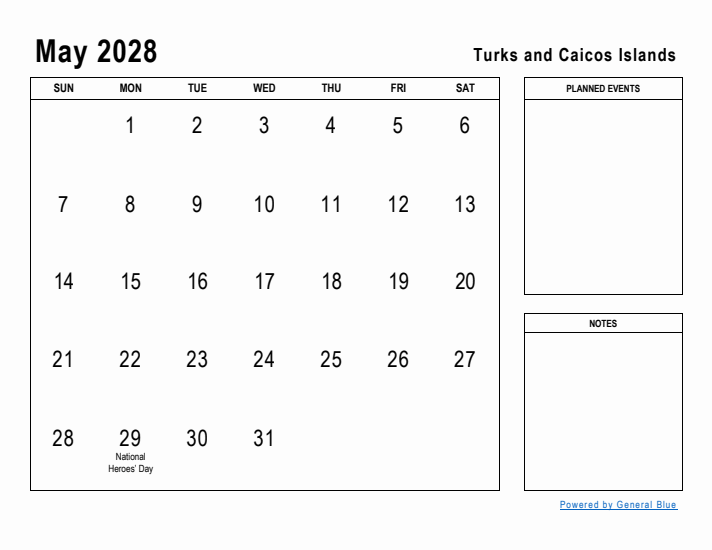 May 2028 Printable Monthly Calendar with Turks and Caicos Islands Holidays
