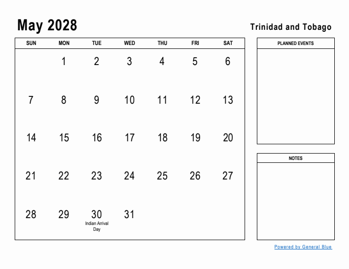 May 2028 Printable Monthly Calendar with Trinidad and Tobago Holidays