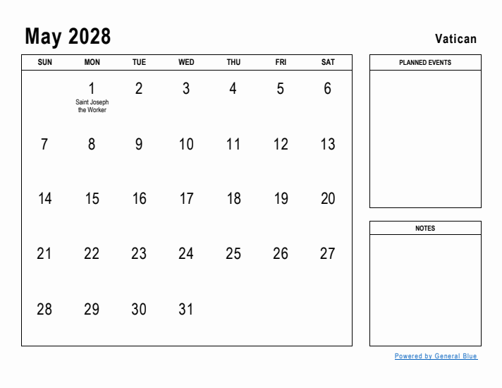 May 2028 Printable Monthly Calendar with Vatican Holidays
