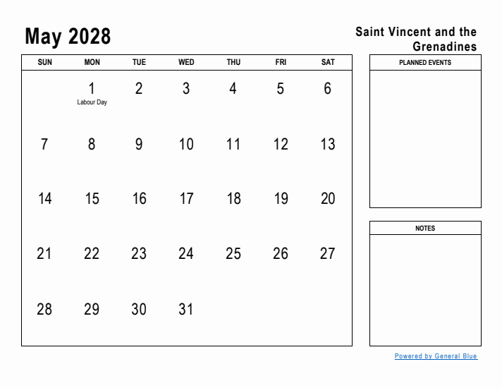 May 2028 Printable Monthly Calendar with Saint Vincent and the Grenadines Holidays