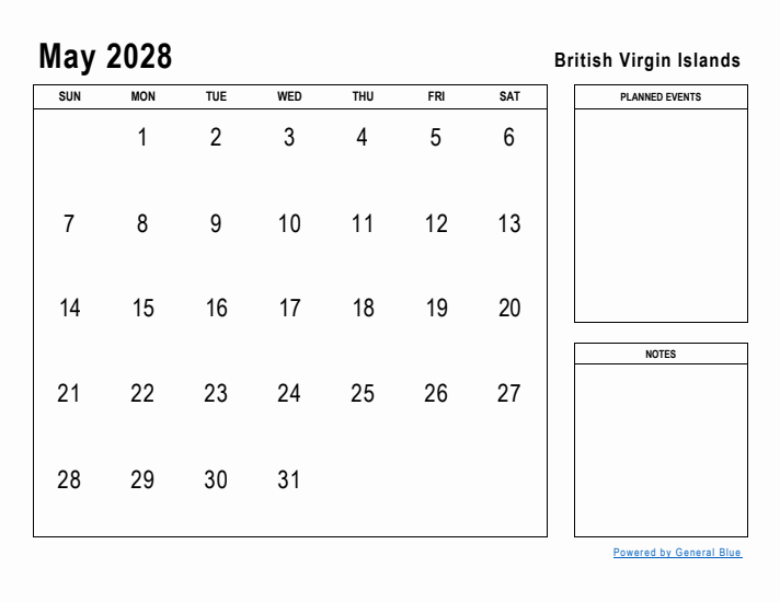May 2028 Printable Monthly Calendar with British Virgin Islands Holidays