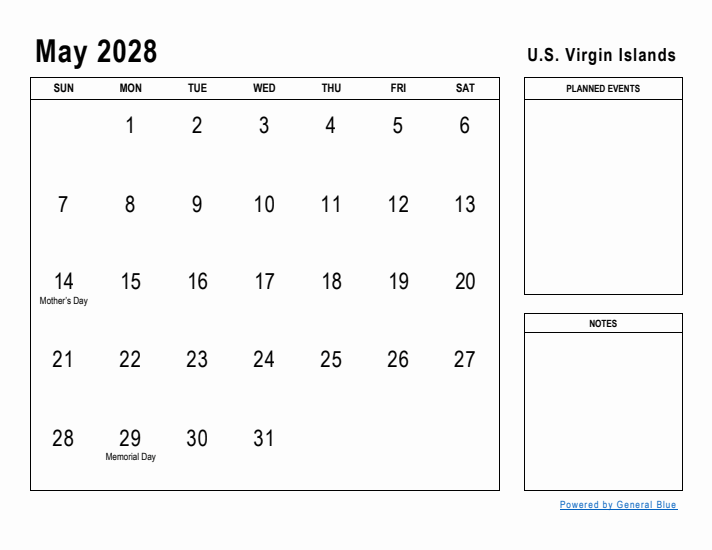 May 2028 Printable Monthly Calendar with U.S. Virgin Islands Holidays