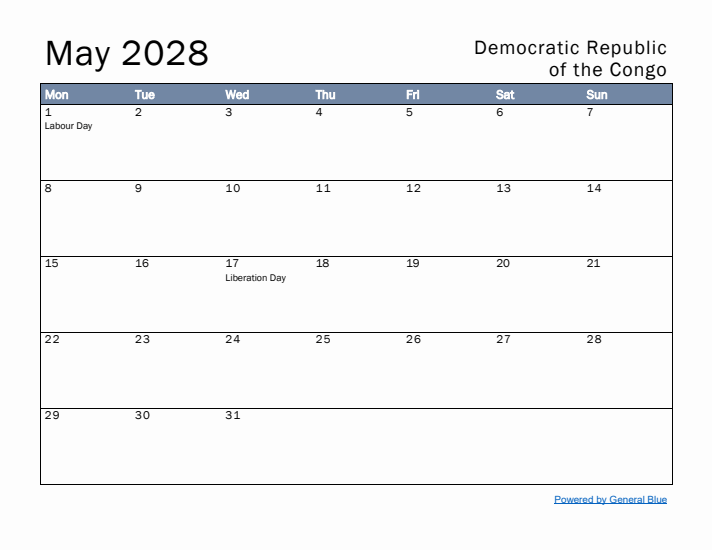 May 2028 Simple Monthly Calendar for Democratic Republic of the Congo