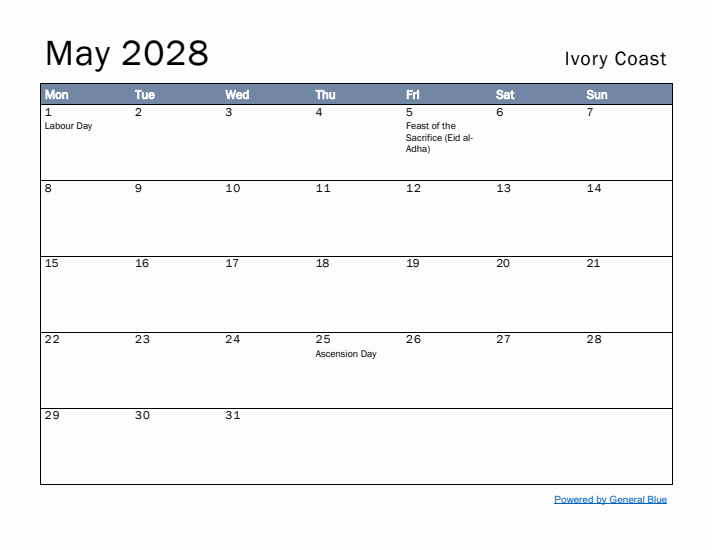 May 2028 Simple Monthly Calendar for Ivory Coast