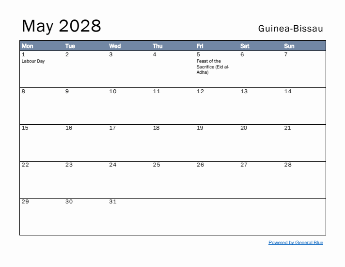 May 2028 Simple Monthly Calendar for Guinea-Bissau