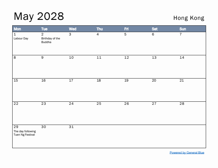 May 2028 Simple Monthly Calendar for Hong Kong
