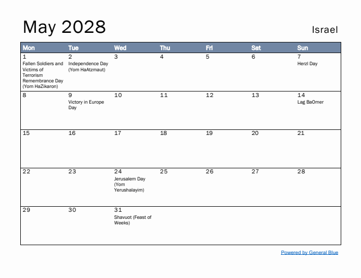 May 2028 Simple Monthly Calendar for Israel