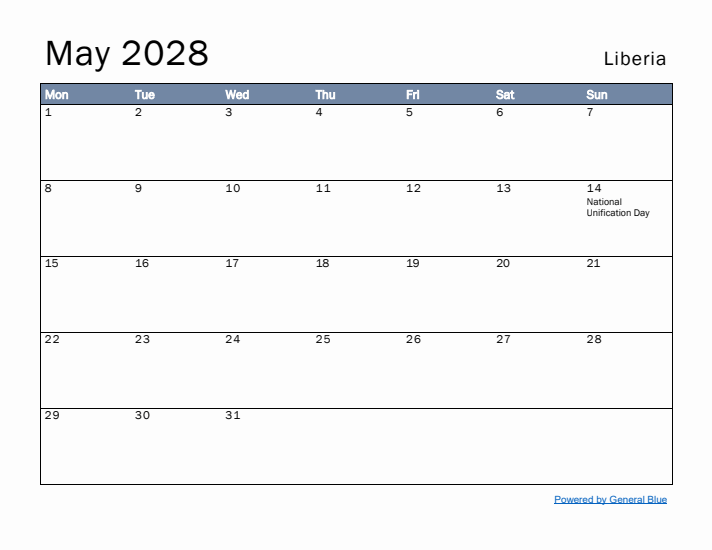 May 2028 Simple Monthly Calendar for Liberia