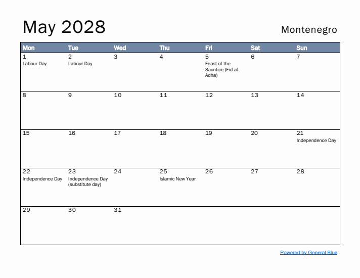 May 2028 Simple Monthly Calendar for Montenegro