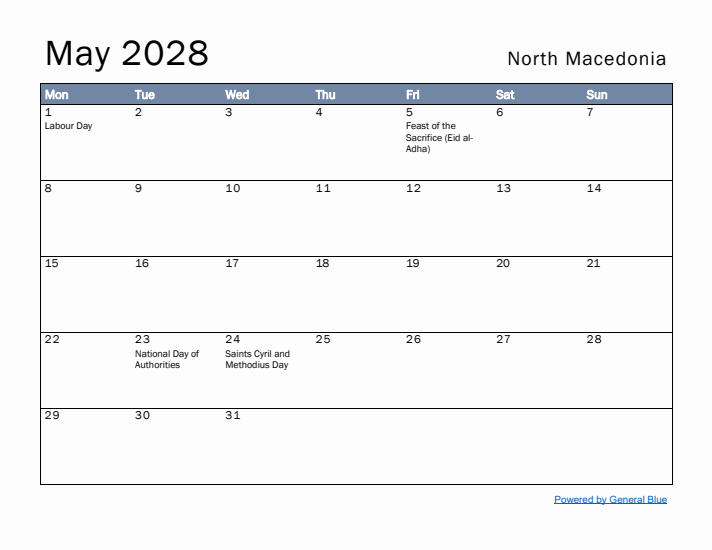 May 2028 Simple Monthly Calendar for North Macedonia