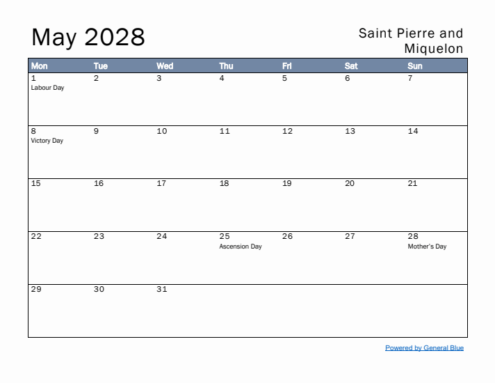 May 2028 Simple Monthly Calendar for Saint Pierre and Miquelon