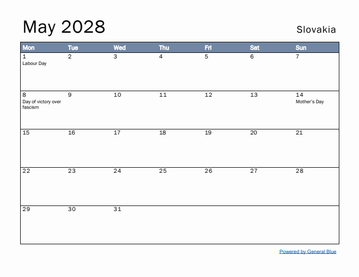 May 2028 Simple Monthly Calendar for Slovakia