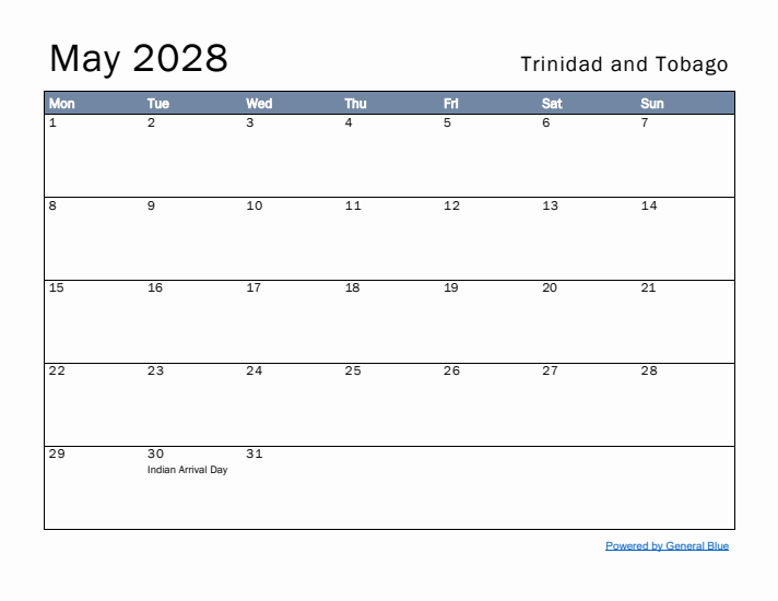 May 2028 Simple Monthly Calendar for Trinidad and Tobago
