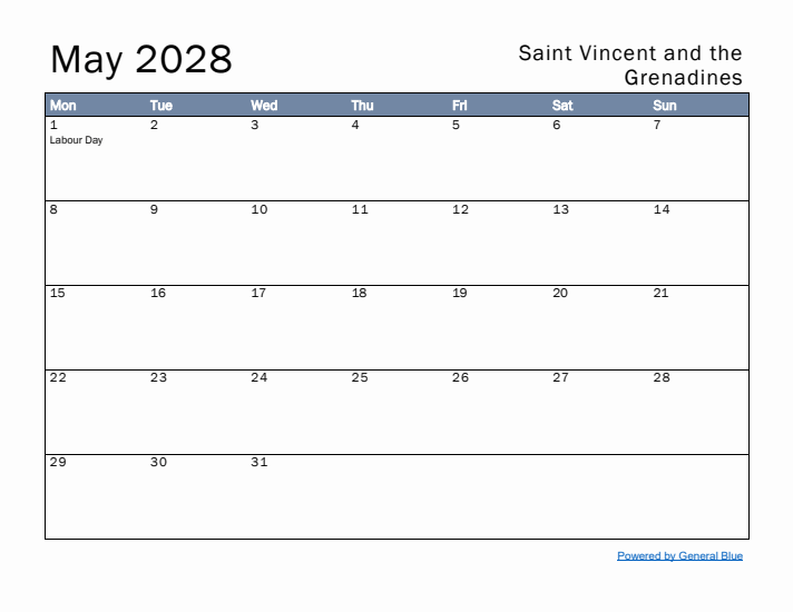 May 2028 Simple Monthly Calendar for Saint Vincent and the Grenadines