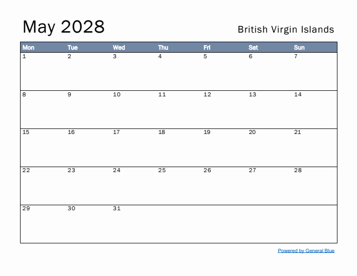 May 2028 Simple Monthly Calendar for British Virgin Islands