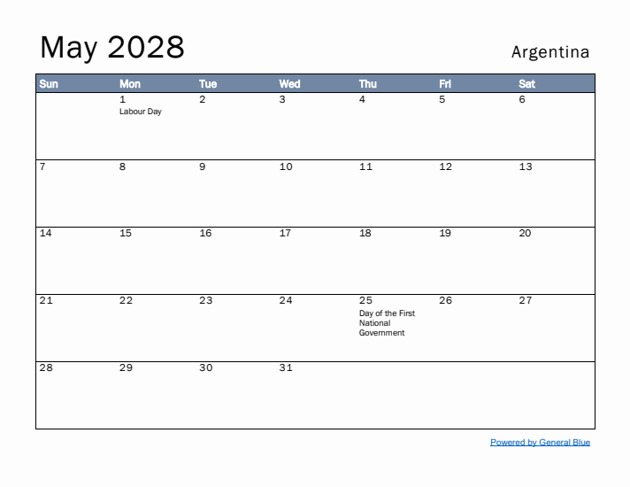May 2028 Simple Monthly Calendar for Argentina