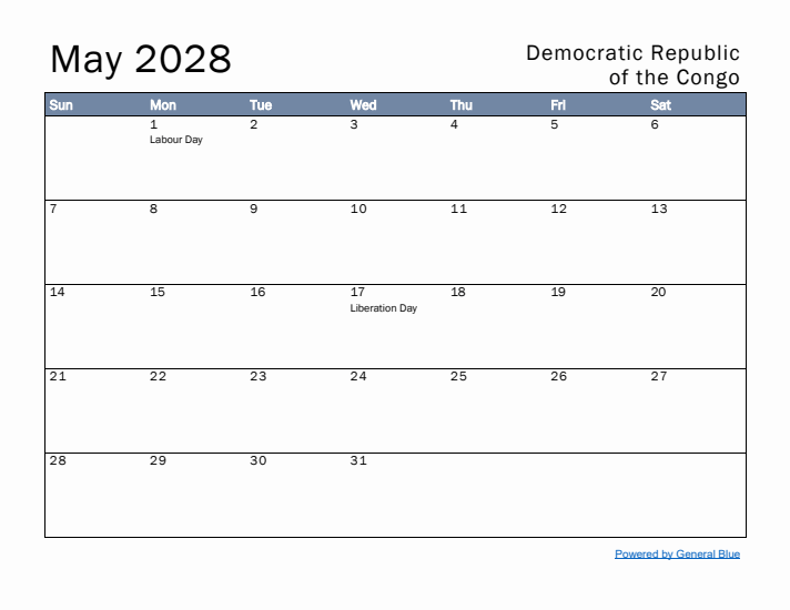 May 2028 Simple Monthly Calendar for Democratic Republic of the Congo