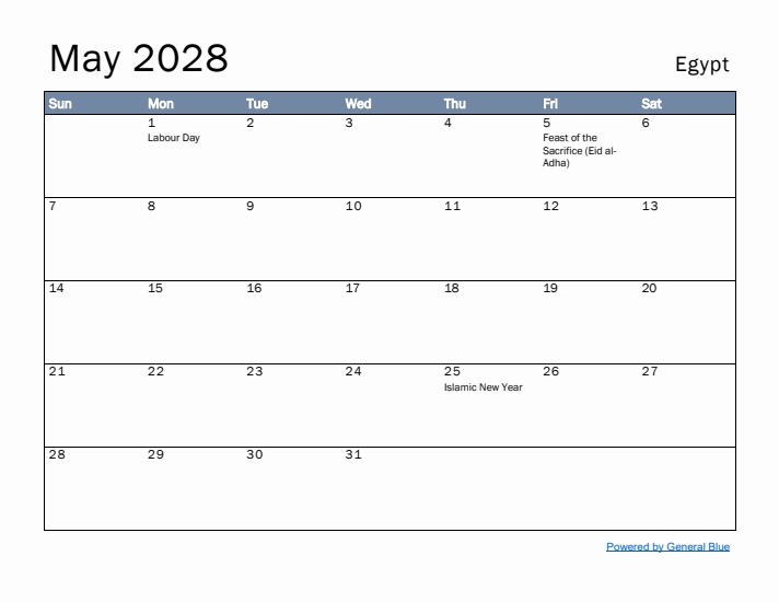 May 2028 Simple Monthly Calendar for Egypt